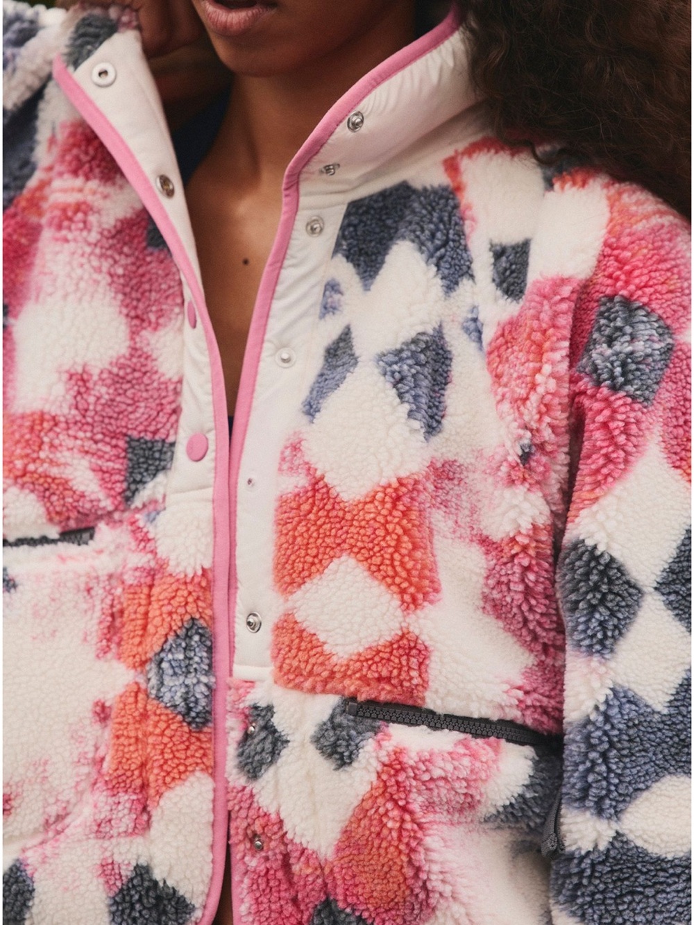 FP Movement Fleece Jacket Snap Front Cropped Slouchy Sherpa Pink Blue XS NWT - Picture 4 of 11